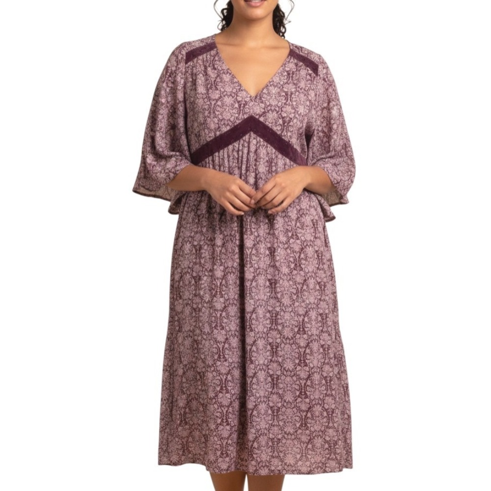 NWT EYESHADOW Maroon CREPE CHIFFON Slit Butterfly Sleeve CROCHET A-Line Dress XL